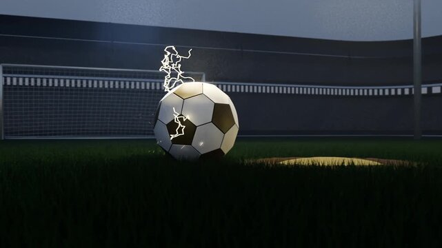 Spotlighting stadium beam revealing center turf, soccer ball materializing and sparking before goal