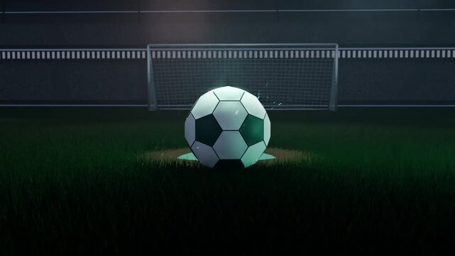 Descending glowing orb spawning soccer ball on pitch in front of goal frame, with lens flare