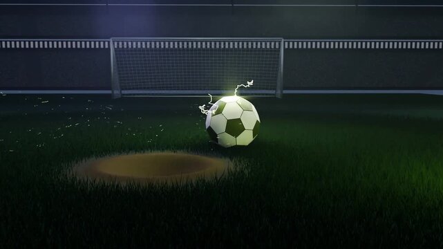 Descending orb forming charged soccer ball on pitch, illuminating bare turf and sparking by goal