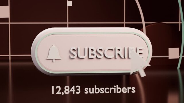 Moving cursor toward pill SUBSCRIBE with bell icon in 3D studio, clicking, updating count to 12,844