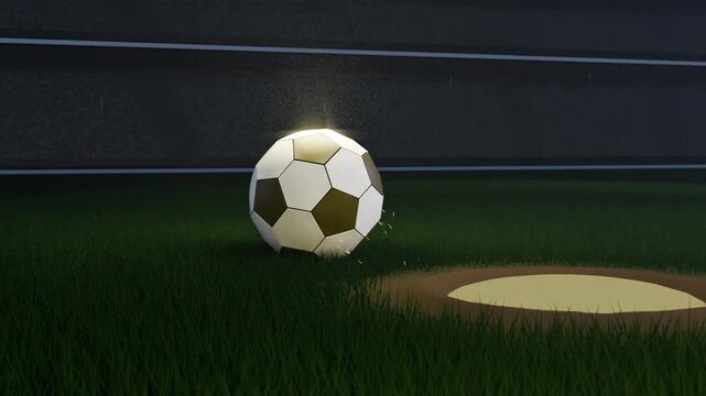 Appearing bright circle forming glowing soccer ball rolling toward center on pitch, emitting arcs