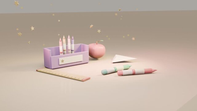 Red dot appearing, pastel items assembling on beige desk, purple pencil cup, apple, gold stars