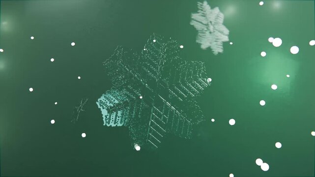 Starting sequence 6-point snowflake rotating at center on green gradient, for snow effect with dots