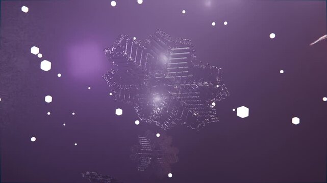 Breaking streak forming faceted snowflake rotating in purple void with white dots and hex pips