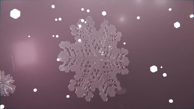 Clear six-point snowflake crystal rotating and scaling after spin in pink space, showing lattice