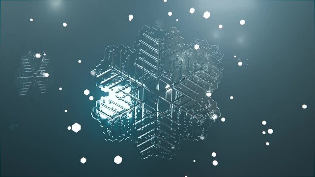 Rotating large hexagonal snowflake catching left teal glow in digital studio drifting particles