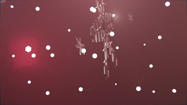 Entering from top, large ice flake rotating down over red backdrop, making festive flakes and bokeh
