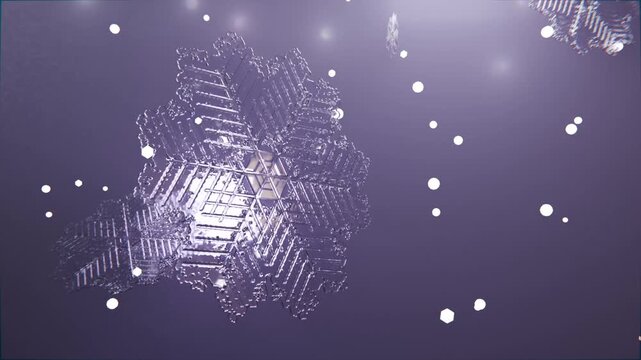 Appearing large hexagonal crystal rotating and drifting in purple gradient, with fragments