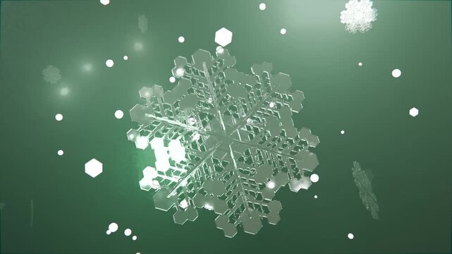 Camera zooming, crystal snowflake rotating and scaling on green backdrop showing faceted geometry