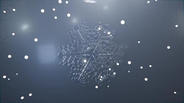Rotating metal hex crystal receding in studio as camera pulling back, showing drifting light pips