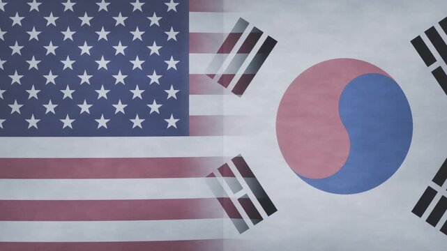 Midway tearing US and South Korea flags separating center seam in studio, revealing dark gap