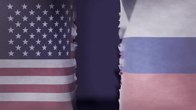 Ripping US flag left and Russian flag right after backlight showing revealing frayed seam in studio