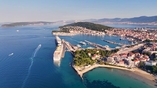Aerial view of split croatia and cruise ships moored in the harbor