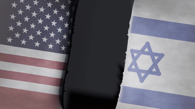 Seam appearing center in studio, US and Israel flags tearing, revealing black gap, showing split