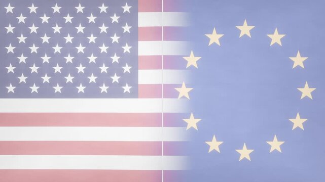 Showing US or EU flags pulling apart in studio as seam lightening, fraying edges revealing white gap