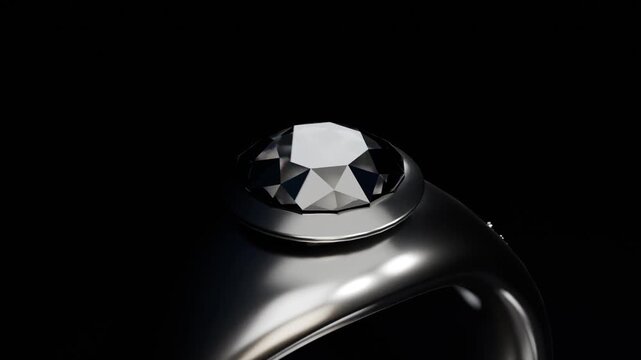 Camera pulling back and tilting, revealing dark metal ring in studio, to show bezel-set faceted gem