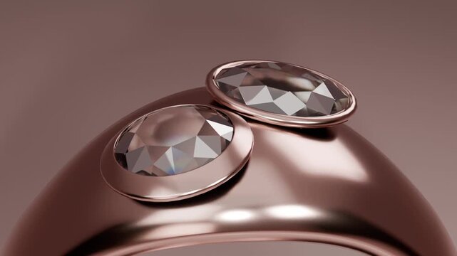 Pulling back camera revealing rose-gold ring with two faceted gems in studio, showcasing sparkle