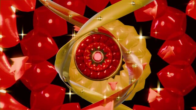 Loop starting central red disk rotating with gold torus and ribbons twisting against black
