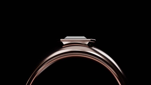 Pulling back camera revealing rosegold ring, faceted top in studio, light sweep showcasing details