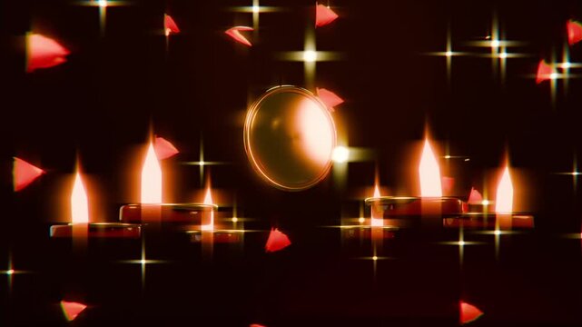 Rotating medallion showing ruby and gold reverse on burgundy as petals drift with candles sparkles