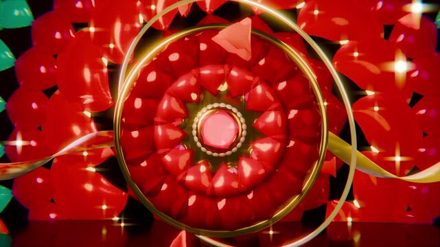 Thin gold hoop entering, sweeping red rosette on petal tile, ribbon tracing orbits, petals drifting