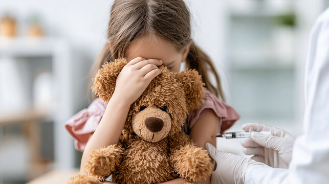 Little girl receiving vaccination, hugging a teddy bear for comfort and hiding face, feeling scared during medical appointment with doctor, getting injection in arm