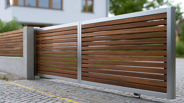 Modern automatic sliding gate with a slatted wooden panel design providing security and privacy for a contemporary house entrance and residential driveway