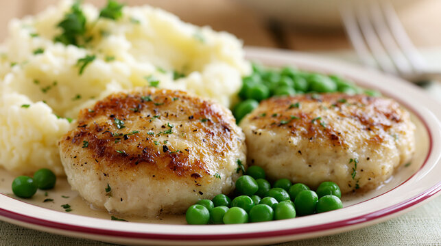 Golden fried fish cutlets served with creamy mashed potatoes and vibrant green peas, a homemade comforting meal for a healthy balanced dinner or lunch
