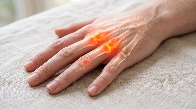 Finger knuckle arthritis concept with glowing red inflammation and bone overlay on a hand resting on linen