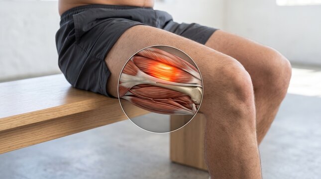Hamstring strain concept with glowing red muscle anatomy inset on the back of a thigh in athletic shorts