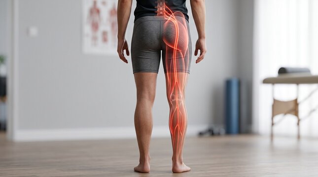 Sciatic nerve pain concept with glowing red nerve anatomy overlay running down the back of a leg