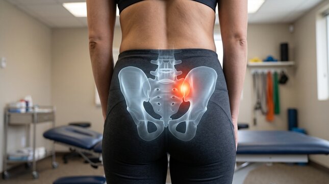 Sacroiliac joint and hip pain concept with glowing red pelvis anatomy overlay on a persons lower back