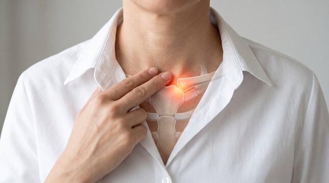 Chest and sternum pain concept with glowing red anatomy overlay on a person in a white shirt holding the chest