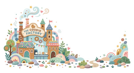 Fototapeta premium A whimsical pastel illustration of a magical cookie factory with colorful chimneys, gears, and a conveyor belt in a dreamy fantasy landscape.