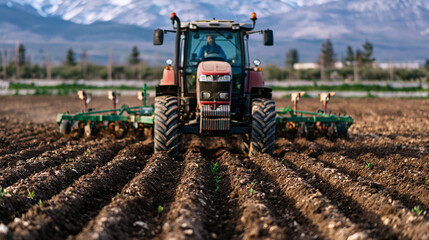 Obraz premium Farmer driving red tractor with implement cultivating fertile soil in terraced field, preparing for planting new crops with a snowy mountain range backdrop