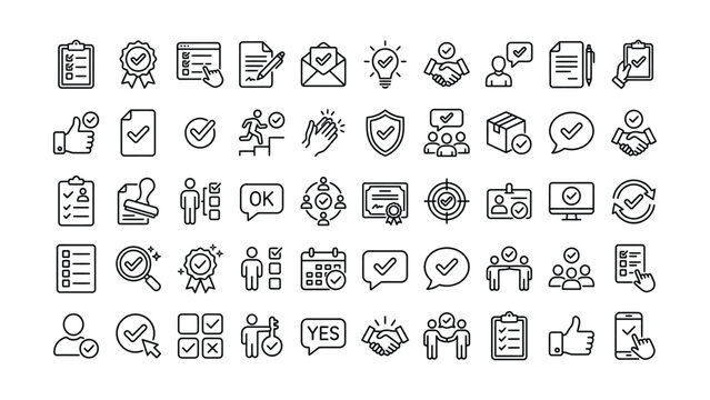 Comprehensive collection of line vector icons representing checkmarks approval confirmation and success concepts for business projects