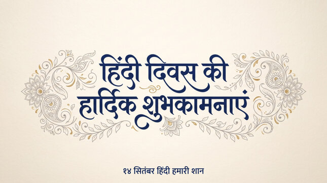 Hindi Diwas Greeting Banner with Elegant Devanagari Typography and Ornamental Floral Background