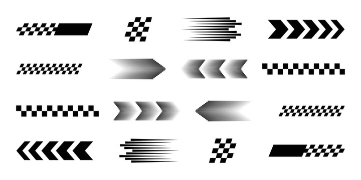 Set of racing flag decals and speed lines elements in black color for sport vehicle decoration isolated on a transparent background.