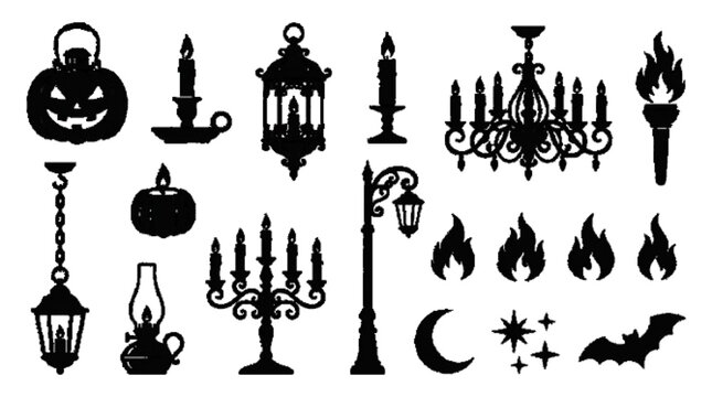 Black silhouette vector collection of jack-o'-lantern lantern, candle holder, gothic lantern, candle, chandelier, torch, pumpkin candle, lantern post, hanging lantern, oil lamp, candelabra, flame, moo