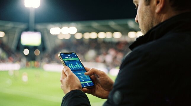 Man using a mobile phone to check sports betting statistics at a stadium at night