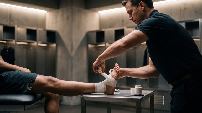 Athletic trainer wrapping an injured ankle with medical tape in a sports locker room