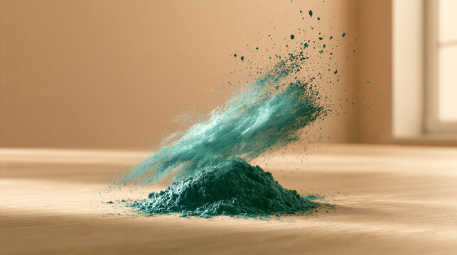 Dynamic burst of blue-green spirulina microalgae powder exploding on a warm wooden surface, natural cosmetics and healthy superfood wellness concept