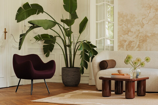 Elegant Living Room Interior with Modern Furnishings and Large Houseplant, Natural Light
