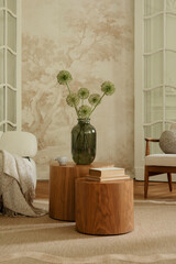 Obraz premium Inviting living room interior with contemporary wooden tables, a green glass vase with flowers, and natural decor elements
