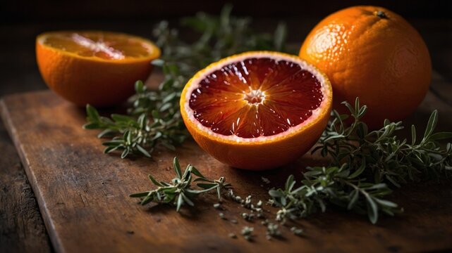 Freshly sliced blood oranges with vibrant red flesh and green herbs on a rustic wooden cutting board