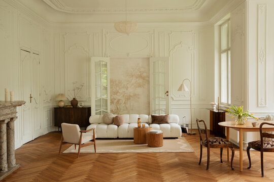 Elegant Neutral Living Room Interior with Vintage Charm and Modern Comfort