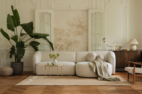 Elegant Living Room Interior with Neutral Tones and Green Plant