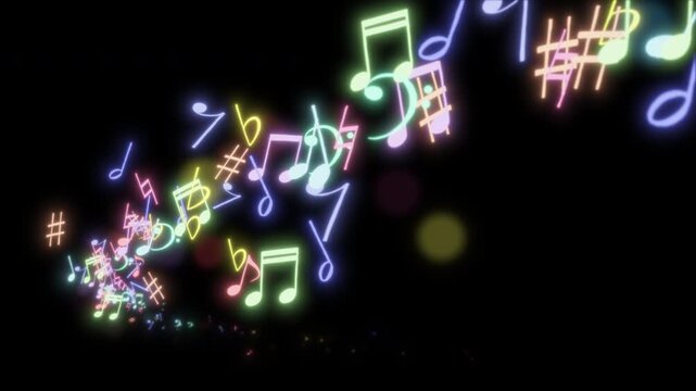 キラキラしたカラフルな音楽記号や音符が3D空間をカーブしながら横切るアルファチャンネル付きパーティクル