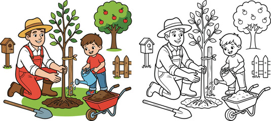 Fototapeta premium farmer planting a young fruit tree with a child cartoon clipart and lineart print vector illustration for school educational color coloring book