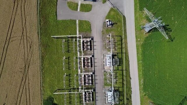 Aerial top down of an electrical substation and power lines (Aigerding, Sch&auml;rding)
